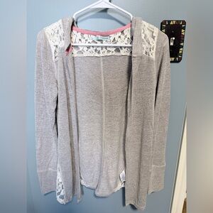 Maurices Light Gray Lace-Trim Hooded Open Cardigan with Pink Trim